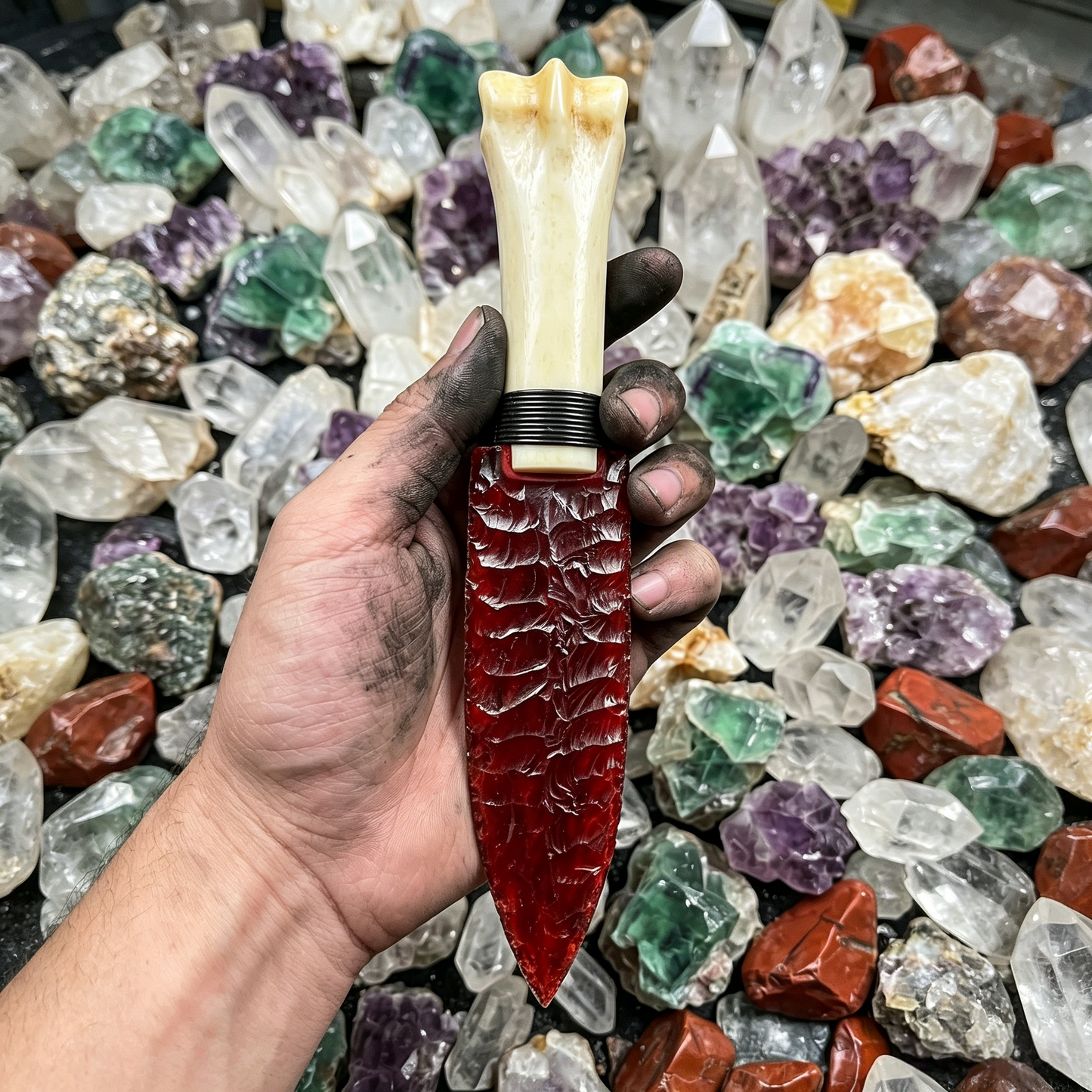 Crimson Relic | Hand-Knapped Blood-Red Crystal Artifact with Bone-Textured Hilt