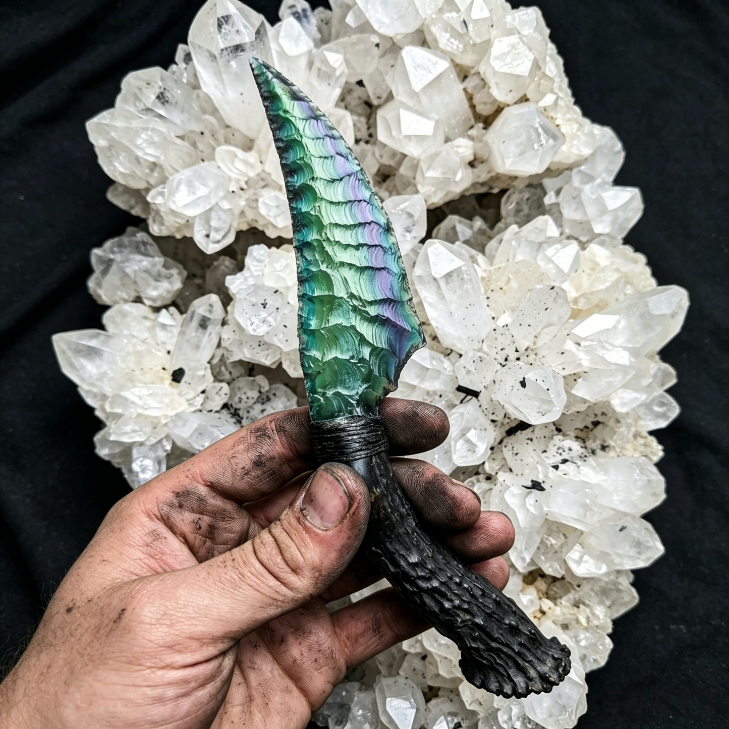 The Aurora Relic | Hand-Knapped Iridescent Artifact with Charred Antler Hilt
