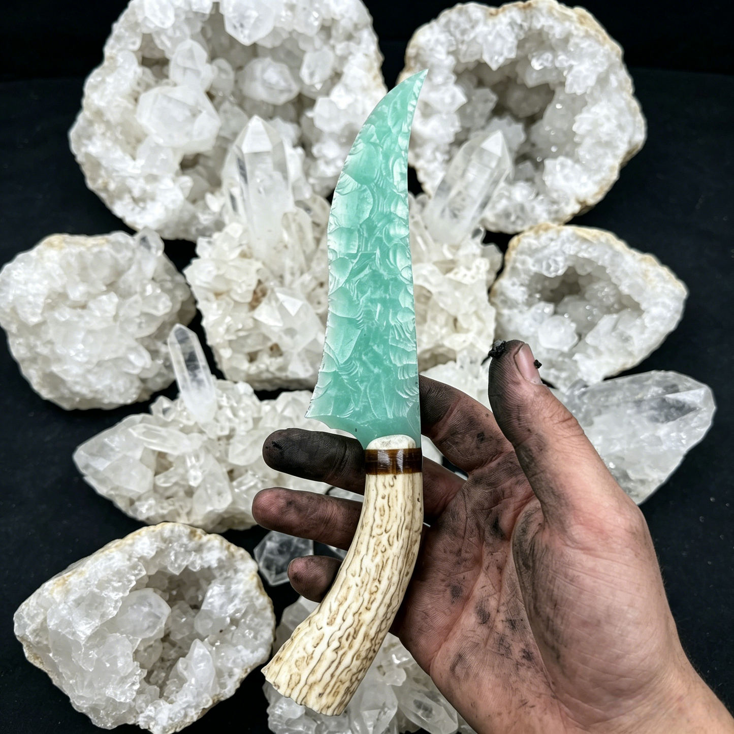 The Forest Breath | Hand-Knapped Mint Crystal Relic with Antler-Textured Hilt (Display Only)