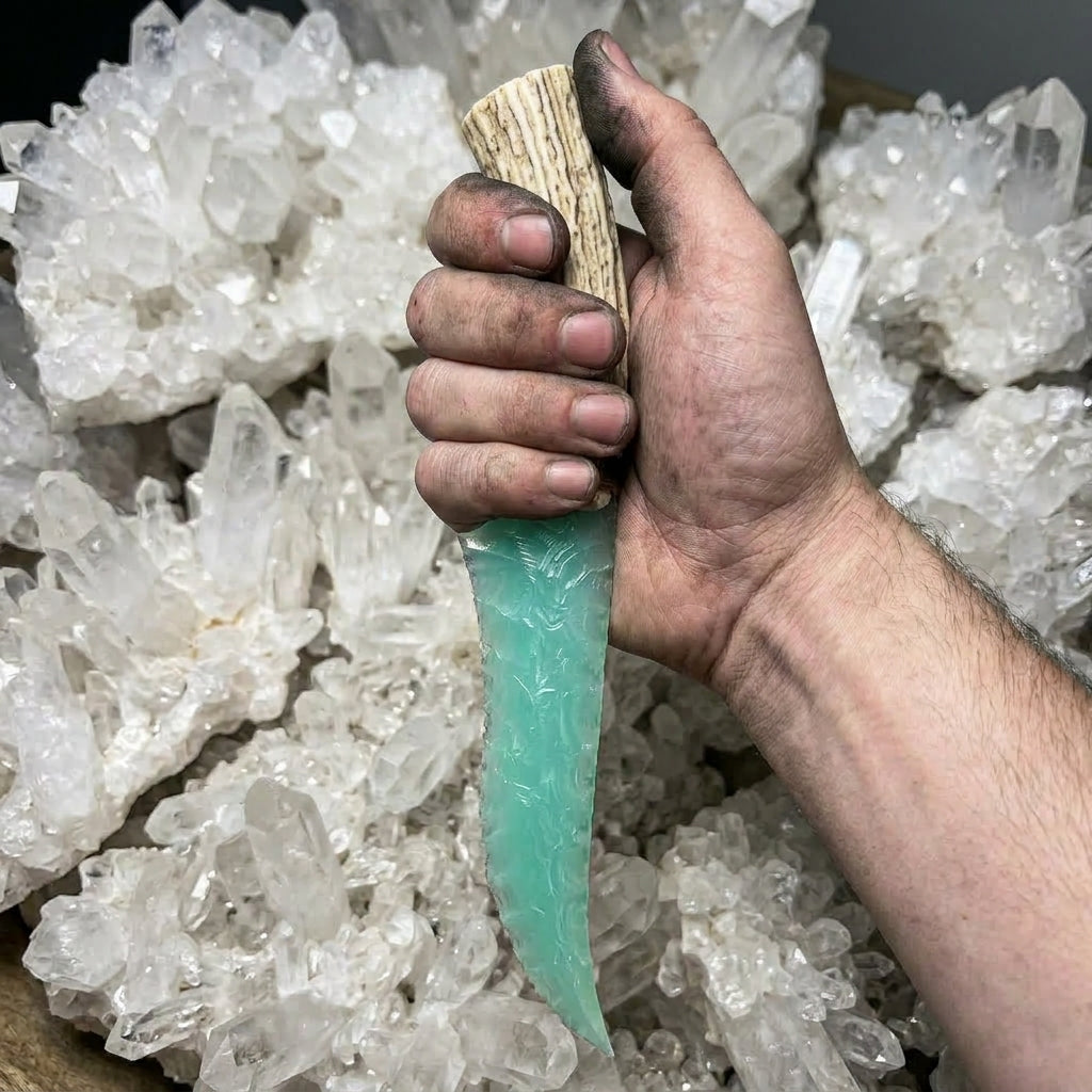 The Forest Breath | Hand-Knapped Mint Crystal Relic with Antler-Textured Hilt (Display Only)