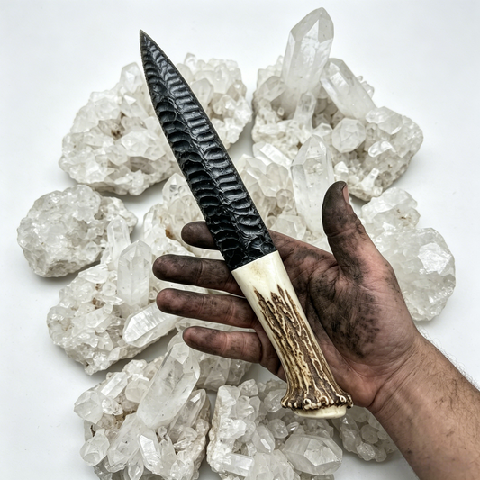 Shadow Relic | Hand-Knapped Obsidian Carving Artifact with Raw Bone Handle