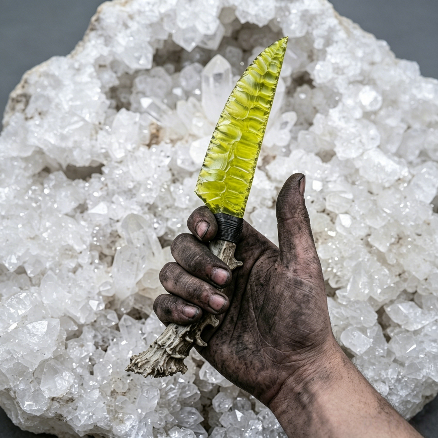 The Alchemist's Shard | Knapped Neon Glass Concept Artifact with Spiked Antler Hilt