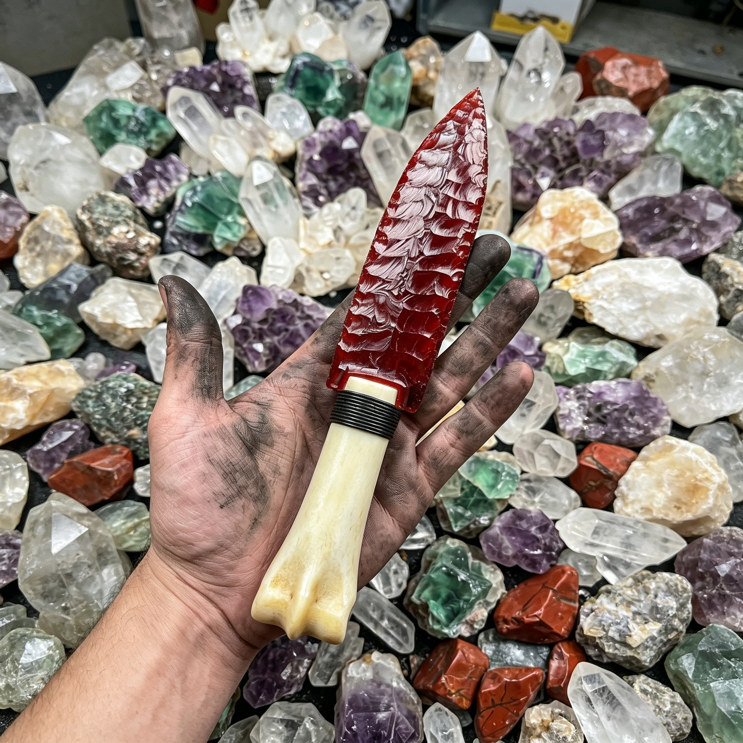 Crimson Relic | Hand-Knapped Blood-Red Crystal Artifact with Bone-Textured Hilt