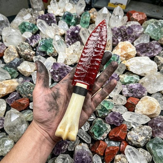 Crimson Relic | Hand-Knapped Blood-Red Crystal Artifact with Bone-Textured Hilt
