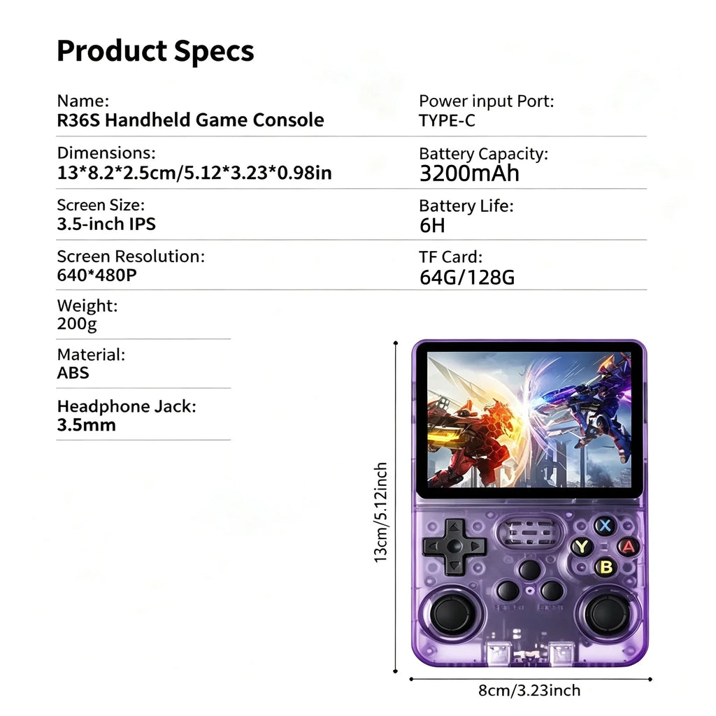 R36S Retro Handheld Game Console – 3.5" IPS Screen, Dual Joysticks, Linux System, 64GB/128GB
