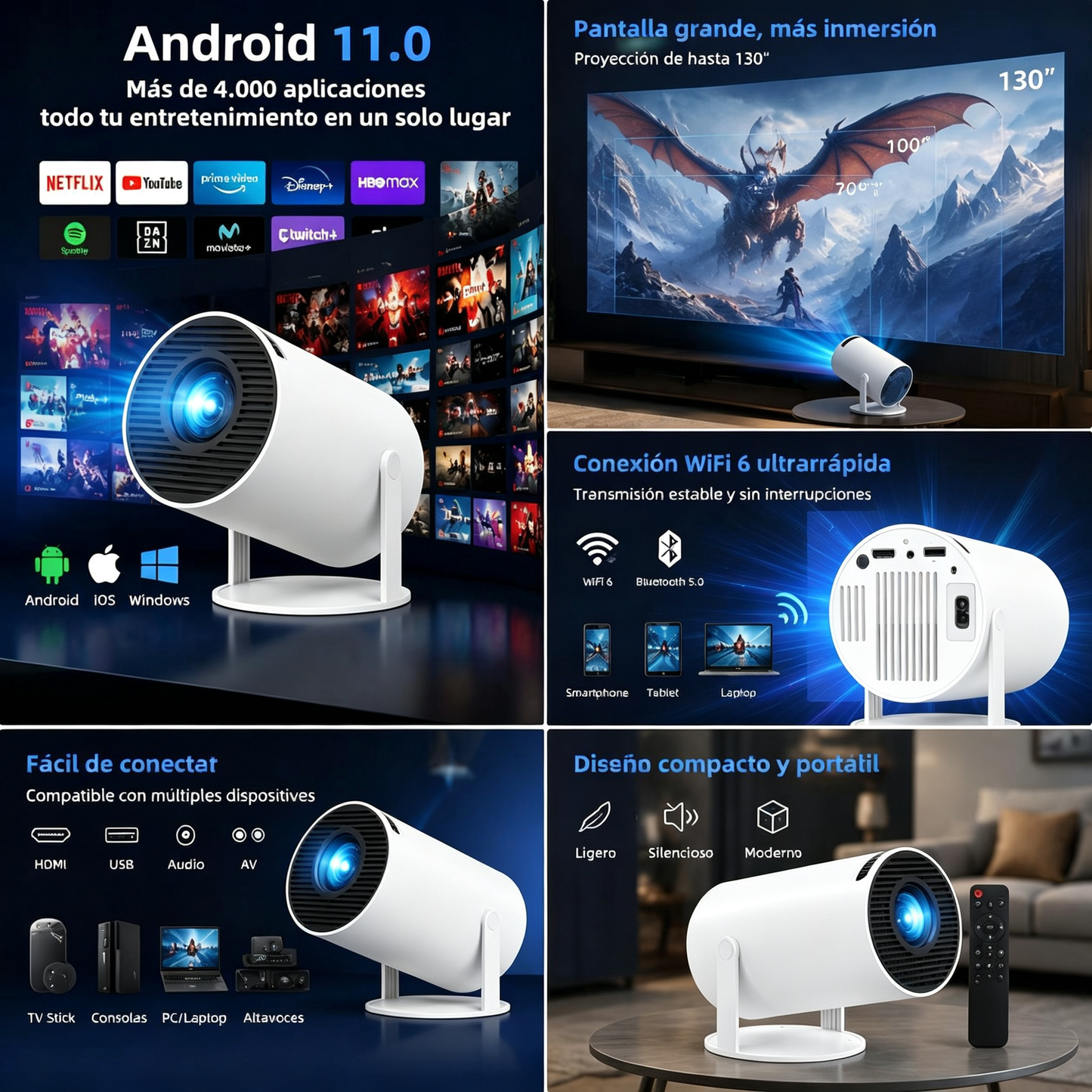 Proyector HY300 Mejorado con WiFi 6, Proyección desde App Móvil, Pantalla Gigante para Habitación y Cine en Casa